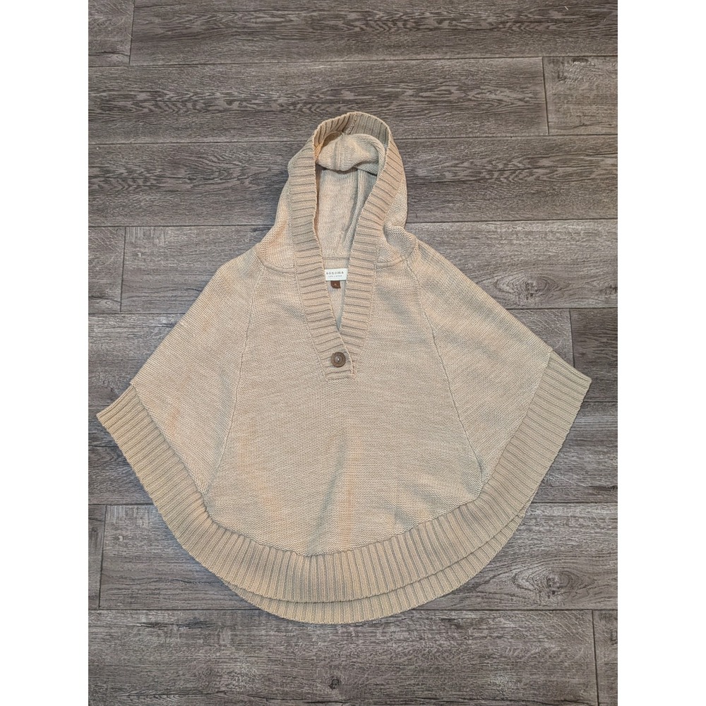 Sonoma Life Style Womens XL Tan Hooded Poncho Sweater Knit Button Neck Beige